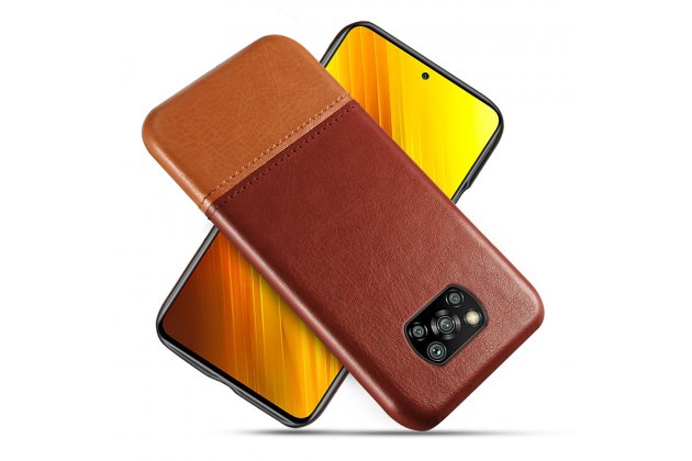 Чехол задняя крышка панель накладка для Xiaomi POCO X3 / X3 NFC / X3 Pro дизайнерский с кожаной отделкой необычный красивый хороший но недорогой из натуральной кожи коричневый-оранжевый